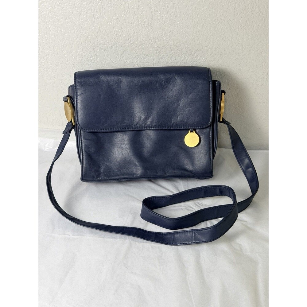 Vintage Jennifer Moore Navy Blue Leather Crossbody Shoulder Bag Gold Hardware